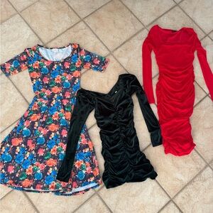 Lot of 3 Women’s XS Dresses – Red Ruched Bodycon, Green Velvet, Floral Skater
